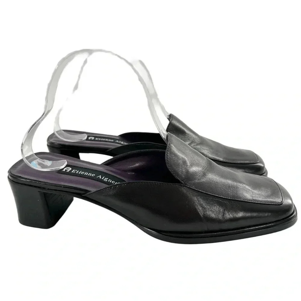 Entienne Aigner Cella heels 8.5 black leather square toe mules vintage 90s Y2k
